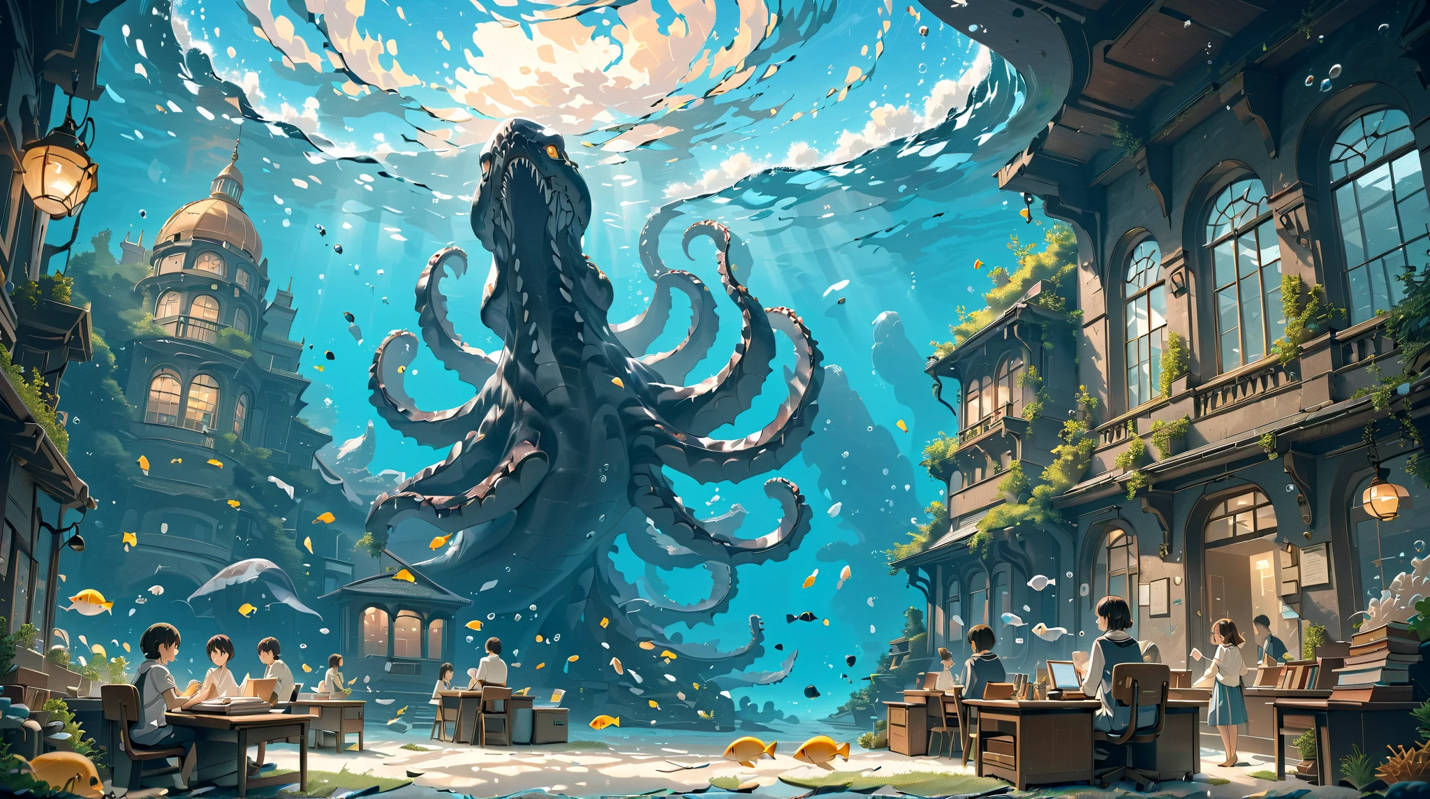 underwater, classroom, students, people, kraken, (masterpiece, ultra detailed, top quality), anime, studio ghibli, detailed background.