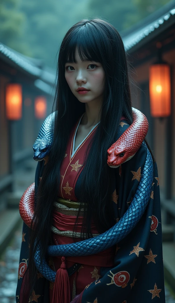 「Snake bone hag」 、、 Japanese、woman、、 beautiful girl、 black hair long hair 、 has bangs aligned above the eyebrows 、Wearing a kimono、大きな赤いヘビと青いヘビを首から掛けているwoman、 the snake's neck is facing the front 、The background is a village at night 、