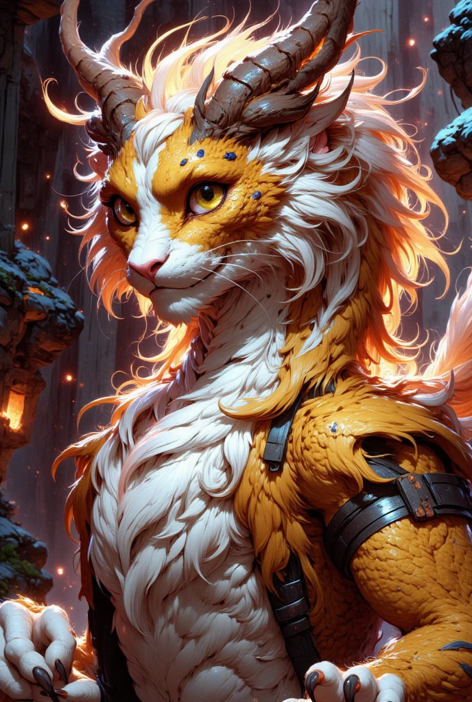 combines the characteristics of a cat and dragon. gaint, It has a connection with the three elements of earth, air and fire. fantasy setting, 8k, uhd, masterpiece, detailed. Golden fur with lava parts on head, neck and paws. Fluffy, long fur