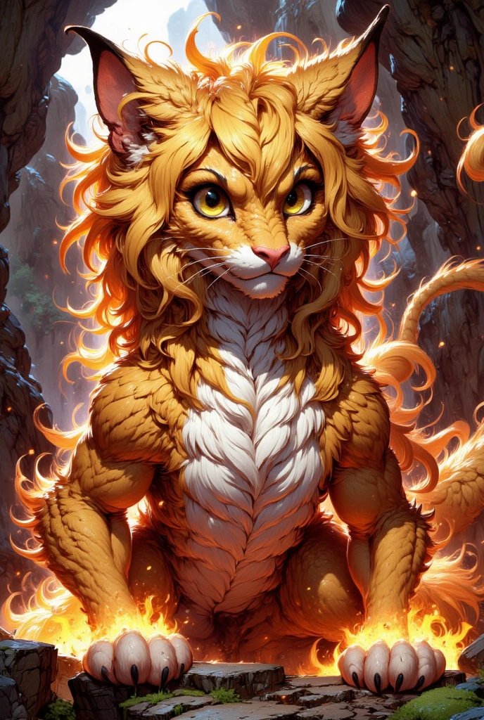 combines the characteristics of a cat and dragon. gaint, It has a connection with the three elements of earth, air and fire. fantasy setting, 8k, uhd, masterpiece, detailed. Golden fur with lava parts on head, neck and paws. Fluffy, long fur