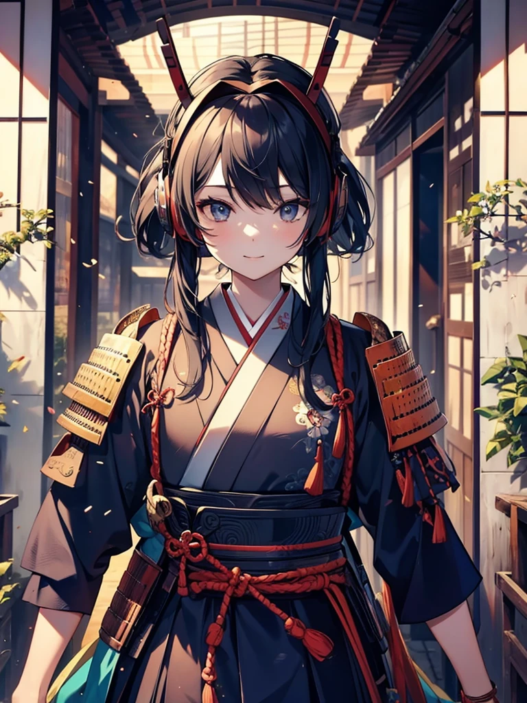  masterpieces at the front door of the house、（ west shots in an Edo period town in Japan:1.3）、 Anime Beautiful Girl、（Age 19）、（Futuristic design earmuffs with perfect Anatomy :1.4）、（6.5 heads）、smile、Military commander、（ Japanese Armor :1.2）、（ Japanese armor）、（姫Military commander:1.2）、Composition of 