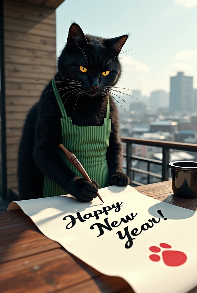 ultra-realistic, photorealistic, dramatic scene, shadow, global-illumination, the human-like giant black cat\(wearing a vertical striped green apron, black cat, holding a big thick brush for calligraphy\), the cat is writing a huge piece of calligraphy at the balcony, the calligraphy\(a huge work of art written in English cursive using a brush, the words "Happy New Year!" is written on the huge white handmade paper on the outdoor table, a red stamp of cat paw\), a large black ink bucket, at the balcony of the stylish Japanese urban apartment, sunny day in winter