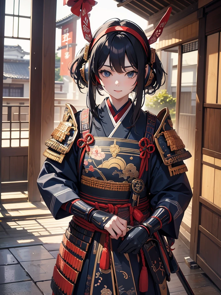  masterpieces at the front door of the house、（ west shots in an Edo period town in Japan:1.3）、 Anime Beautiful Girl、（Age 19）、（Futuristic design earmuffs with perfect Anatomy :1.4）、（6.5 heads）、smile、Military commander、（ Japanese Armor :1.2）、（ Japanese armor）、（姫Military commander:1.2）、Composition of 