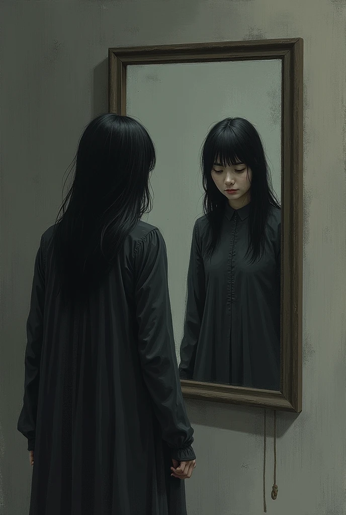 Generate me an image of a girl with long black hair, dressed in a military green jacket, some wide black pants, some black converse shoes, looking at a giant, tall painting of a girl with her back turned, She has a long white dress, long black hair to the floor, She is bleeding from her wrists