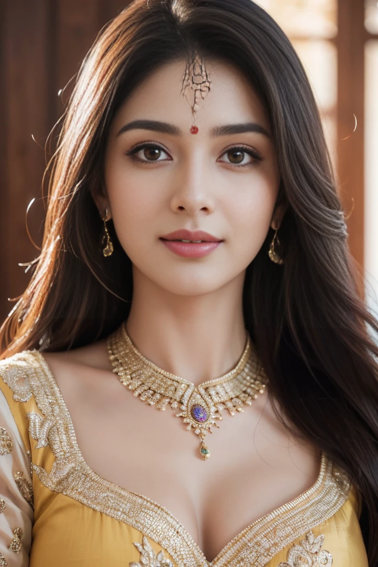 a beautiful indian girl, detailed and realistic face, long dark hair, warm brown eyes, delicate features, ornate indian clothes, intricate jewelry, serene expression, natural lighting, photorealistic, 8k, hyper detailed, masterpiece