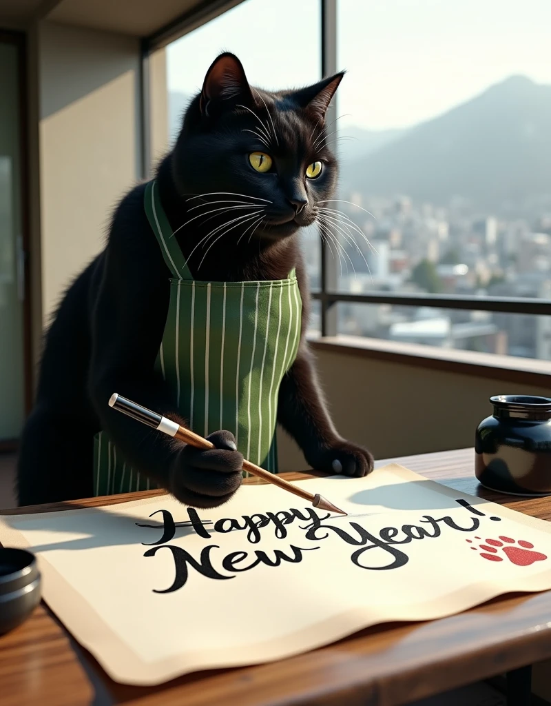 ultra-realistic, photorealistic, dramatic scene, shadow, global-illumination, the human-like giant black cat\(wearing a vertical striped green apron, black cat, holding a big thick brush for calligraphy\), the cat is writing a huge piece of calligraphy at the balcony, the calligraphy\(a huge work of art written in English cursive using a brush, the words "Happy New Year!" is written on the huge white handmade paper on the outdoor table, a red stamp of cat paw\), a large black ink bucket, at the balcony of the stylish Japanese urban apartment, sunny day in winter