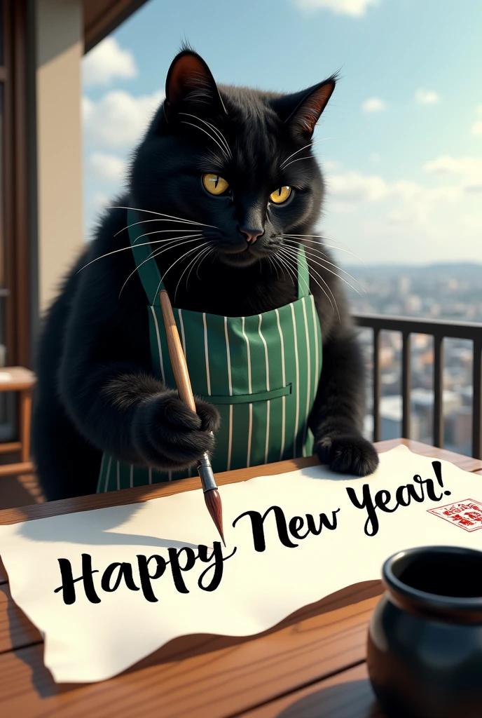 ultra-realistic, photorealistic, dramatic scene, shadow, global-illumination, the human-like giant black cat\(wearing a vertical striped green apron, black cat, holding a big thick brush for calligraphy\), the cat is writing a huge piece of calligraphy at the balcony, the calligraphy\(a huge work of art written in English cursive using a brush, the words "Happy New Year!" is written on the huge white handmade paper on the outdoor table, a red stamp of cat paw\), a large black ink bucket, at the balcony of the stylish Japanese urban apartment, sunny day in winter