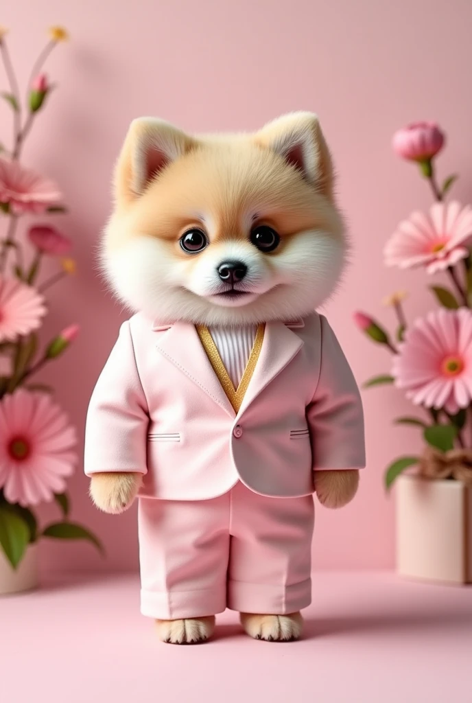 A cute puppy wearing a formal pastel suit for the New Year becomes a model、  stylish、   intricate details 、    high res 、 Taste of 3D   、 rendering、Extremely complex colors   、 bright professional lighting、masterpiece、  simple background、Ceremony flower background 