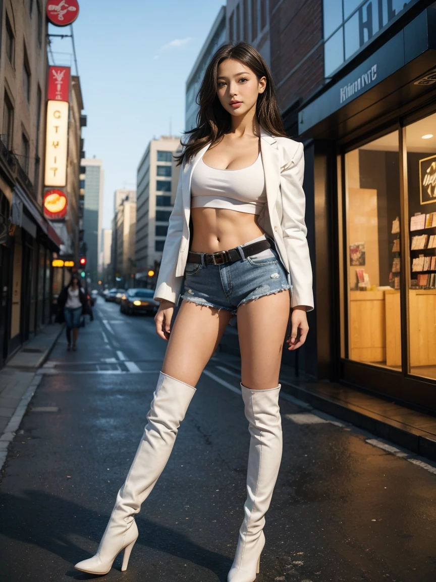 masterpiece, Highest quality ,  high resolution ,Full body view,White jacket,underwear,belly button,Belted denim mini shorts,The heroine in white over-the-knee boots with high heels,Perfect legs,Perfect skin,Perfect Arms,Abdominal muscles,A video game store in the background,Neon light ,cleavage, Model pose , walk