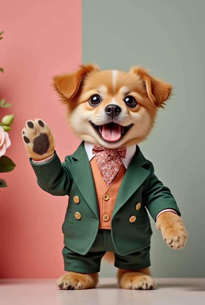  A cute puppy in a formal color suit for the New Year greets、 Greeting Mouth 、Comedy pose、  stylish、 comedy actor 、  intricate details 、    high res 、 Taste of 3D   、 rendering、Extremely complex colors   、 bright professional lighting、masterpiece、  simple background、Ceremony flower background 