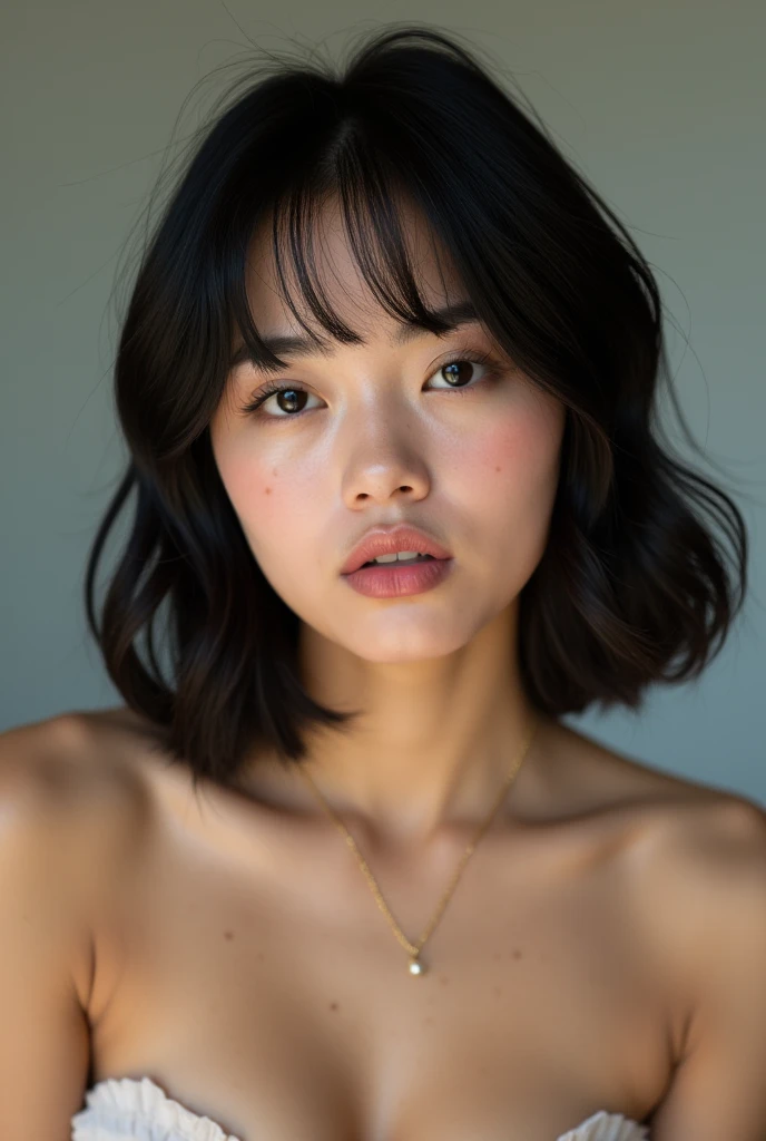 A beautiful  18 years old girl, modern hair to shoulders length with short bangs , (((wide lips))), ((slanted eyes)), (small nose).  face as recently woke up,  very realistic picture, reflex canon professional picture, (supermodel face), north korean face, tanned, ((soft freckles)), prominent cheeks, bare shoulders, seductive look,  wide cleavage