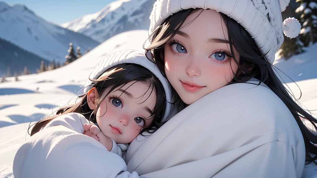 A female and cute ****, (the best portrait of Mother and ****) , love, happy, looking at the camera, (holding a **** in her arms, anatomically correct, perfect rendering), winter season, in the snow mountain, smile is like a goodness,(A female is beautiful middle hair, flattering, short bangs, detailed beautiful face, big eyes, lips, natural makeup), fair skin detailed skin, wearing ,very warm sweater, knit cap, best quality, masterpiece, high resolution, incredibly absurdres, perfect anatomy, extremely detailed, intricate accurate artwork, A female and **** in beautiful snow mountain, warm sunlight, beautiful scenery, depth of field,