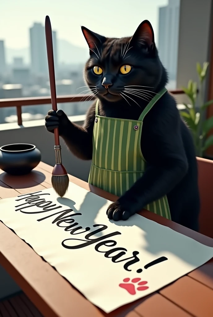 ultra-realistic, photorealistic, dramatic scene, shadow, global-illumination, the human-like giant black cat\(wearing a vertical striped green apron, black cat, holding a big thick brush for calligraphy\), the cat is writing a huge piece of calligraphy at the balcony, the calligraphy\(a huge work of art written in English cursive using a brush, the words "Happy New Year!" is written on the huge white handmade paper on the outdoor table, a red stamp of cat paw\), a large black ink bucket, at the balcony of the stylish Japanese urban apartment, sunny day in winter