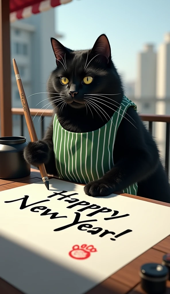 ultra-realistic, photorealistic, dramatic scene, shadow, global-illumination, the human-like giant black cat\(wearing a vertical striped green apron, black cat, holding a big thick brush for calligraphy\), the cat is writing a huge piece of calligraphy at the balcony, the calligraphy\(a huge work of art written in English cursive using a brush, the words "Happy New Year!" is written on the huge white handmade paper on the outdoor table, a red stamp of cat paw\), a large black ink bucket, at the balcony of the stylish Japanese urban apartment, sunny day in winter