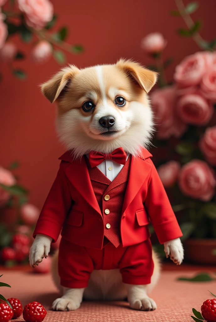 A cute puppy wearing a formal color suit for the New Year becomes a model、  stylish、   intricate details 、    high res 、 Taste of 3D   、 rendering、Extremely complex colors   、 bright professional lighting、masterpiece、  simple background、Ceremony flower background 