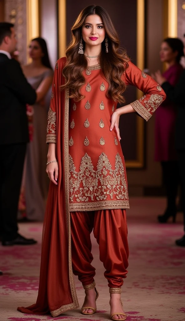 a tall hourglass figure woman Korean standing straight and camera-facing at a party. She has long curls gold-brown hair peeking out from beneath an matching soft satin dupatta, which covers her neck. She is adorned in a Punjabi-style outfit featuring a burnt rust soft satin fabric multicolor sequins design on a round neck kurti with soft satin churidar style pajama. The kurti showcases puffy shoulders and 3/4 sleeves. She is wearing high heels, which accentuate her poised stance. The background is blurred and contains other party-goers.