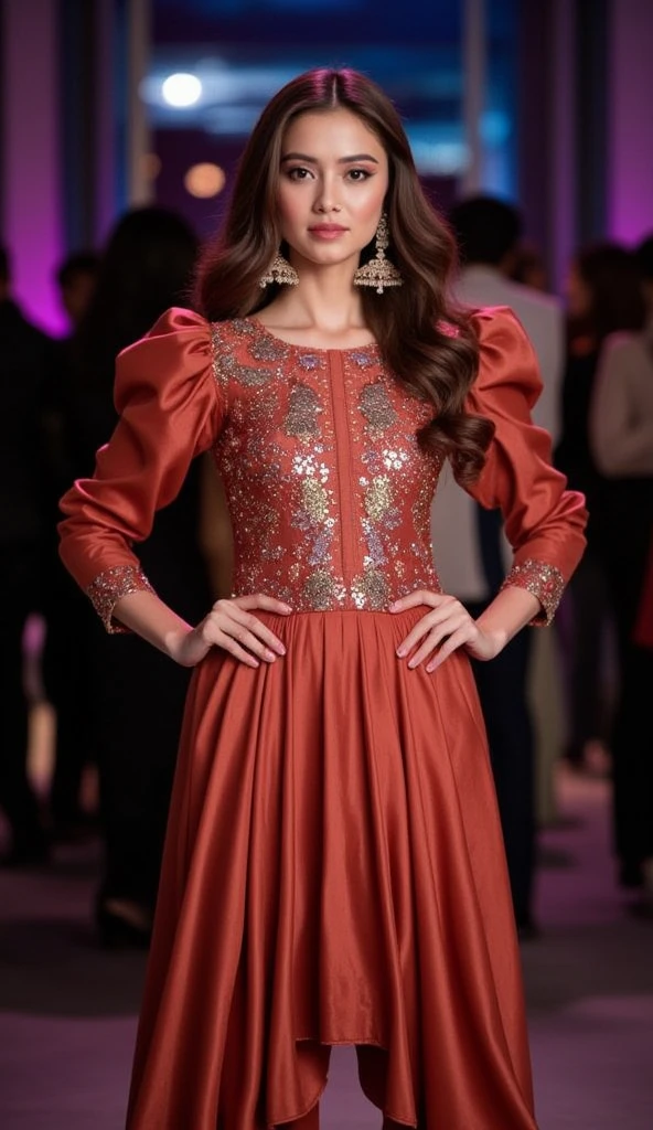 a tall hourglass figure woman Korean standing straight and camera-facing at a party. She has long curls gold-brown hair peeking out from beneath an matching soft satin dupatta, which covers her neck. She is adorned in a Punjabi-style outfit featuring a burnt rust soft satin fabric multicolor sequins design on a round neck kurti with soft satin churidar style pajama. The kurti showcases puffy shoulders and 3/4 sleeves. She is wearing high heels, which accentuate her poised stance. The background is blurred and contains other party-goers.