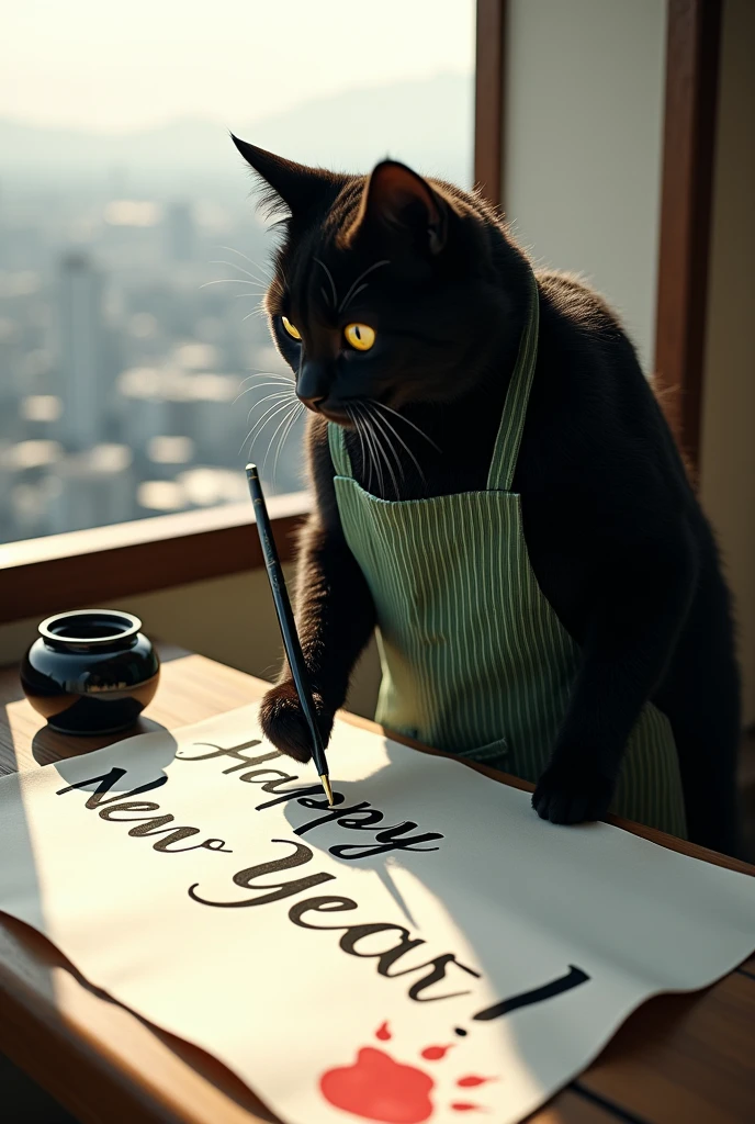 ultra-realistic, photorealistic, dramatic scene, shadow, global-illumination, the human-like giant black cat\(wearing a vertical striped green apron, black cat, holding a big thick brush for calligraphy\), the cat is writing a huge piece of calligraphy at the balcony, the calligraphy\(a huge work of art written in English cursive using a brush, the words "Happy New Year!" is written on the huge white handmade paper on the outdoor table, a red stamp of cat paw\), a large black ink bucket, at the balcony of the stylish Japanese urban apartment, sunny day in winter