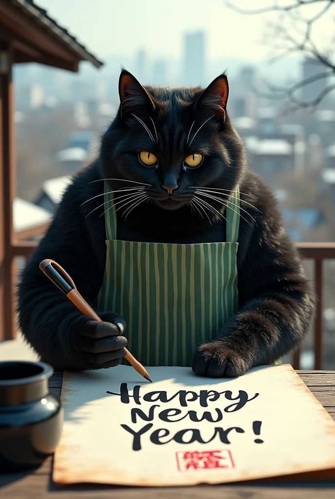 ultra-realistic, photorealistic, dramatic scene, shadow, global-illumination, the human-like giant black cat\(wearing a vertical striped green apron, black cat, holding a big thick brush for calligraphy\), the cat is writing a huge piece of calligraphy at the balcony, the calligraphy\(a huge work of art written in English cursive using a brush, the words "Happy New Year!" is written on the huge white handmade paper on the outdoor table, a red stamp of cat paw\), a large black ink bucket, at the balcony of the stylish Japanese urban apartment, sunny day in winter