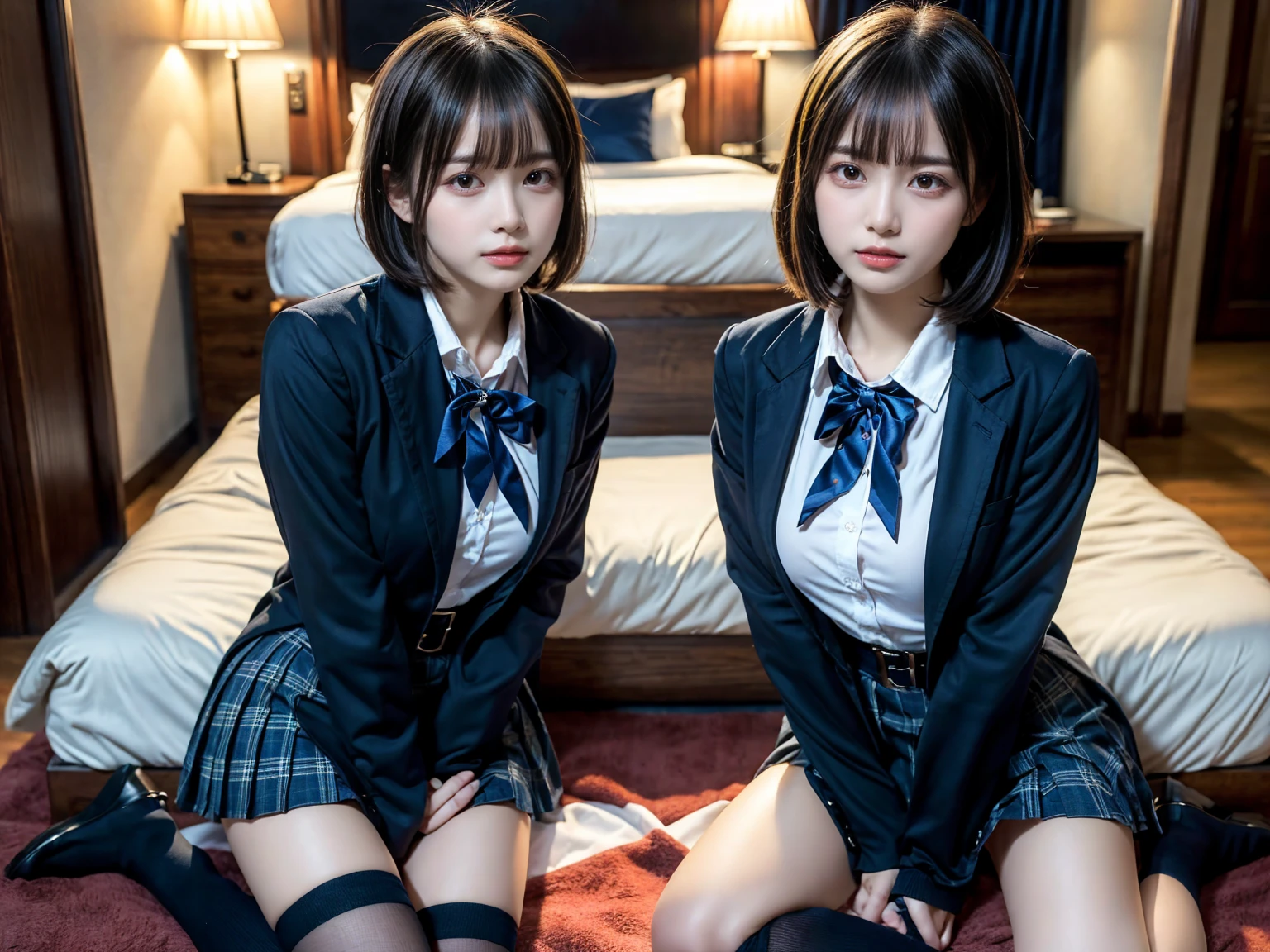 masterpiece, best quality, illustration, Super detailed, fine details, High resolution, 8K,wall paper, perfect dynamic composition,(Details High quality, realistic depiction of eyes:1.3), (2 girls), High school girl uniform、blazer 、Super Short Check Uniform Skirt、Navy blue high socks、garterbelts、Colossal tits, sitting, open legs, short bob hair, in a hotel room in the background, deep on field, large breasts, black hair color, Big Natural Color Lip, (perfect body shape), crying a little、Harajuku style、20 year old girl、cute type、beautiful legs, Gravure Idol