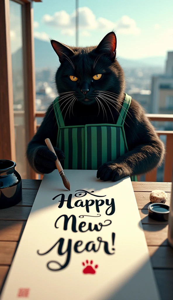 ultra-realistic, photorealistic, dramatic scene, shadow, global-illumination, the human-like giant black cat\(wearing a vertical striped green apron, black cat, holding a big thick brush for calligraphy\), the cat is writing a huge piece of calligraphy at the balcony, the calligraphy\(a huge work of art written in English cursive using a brush, the words "Happy New Year!" is written on the huge white handmade paper on the outdoor table, a red stamp of cat paw\), a large black ink bucket, at the balcony of the stylish Japanese urban apartment, sunny day in winter