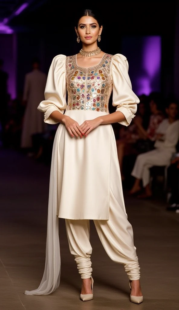 a tall hourglass figure woman standing straight and camera-facing at a party. She is adorned in a Punjabi-style outfit featuring a ivory soft satin fabric multicolor sequins design on a round neck kurti with soft satin churidar style pajama. The kurti showcases exaggerated puffy shoulders and 3/4 sleeves. She is wearing high heels, which accentuate her poised stance. The background is blurred and contains other party-goers.