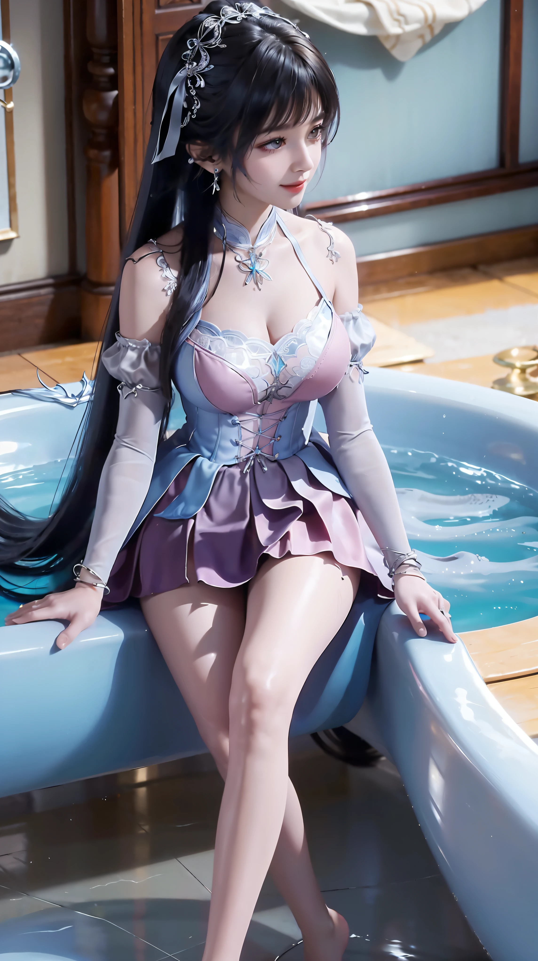 (tmasterpiece, Best quality at best, A high resolution:1.4), Wallpapers, Full body lesbian, 1 plump girl, Long gray hair, (Blue hair:1.0), (black hair color hair:1.0), Green-eyed, The color hair, Gradient hair,fully body photo,比基尼
