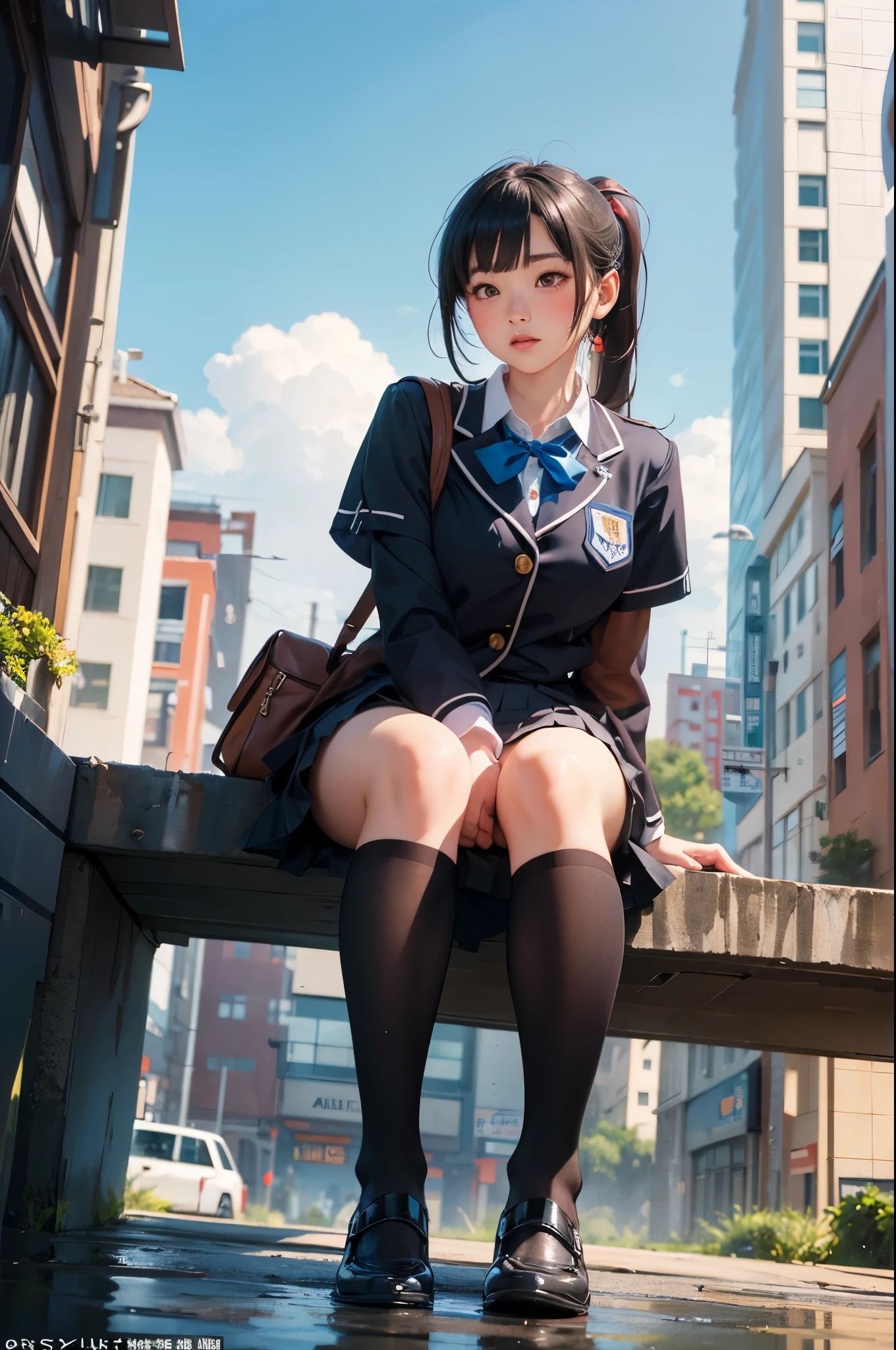 (1) There is a high school girl with beautiful legs., (She lifts up her skirt to show off her beautiful bare legs and panties:1.5), 
(2)  standing, I&#39;Iは立って彼氏にパンツを見せています,
(3) A high school girl wearing a white collared shirt underneath.、(in addition, He is wearing a navy blue uniform blazer.:1.5)、The skirt is a mini version of the gray uniform skirt..、(I am wearing loose socks on my feet.:1.5), (She wears loafers:1.5)、
(4) The visible pants are simple white cotton.., 
(5) The high school girl has short brown twintails.., shining eyes, A provocative grin,
(6) The location is the high school courtyard.., 
(7) highest quality, High resolution, realistic pictures, realistic skin,