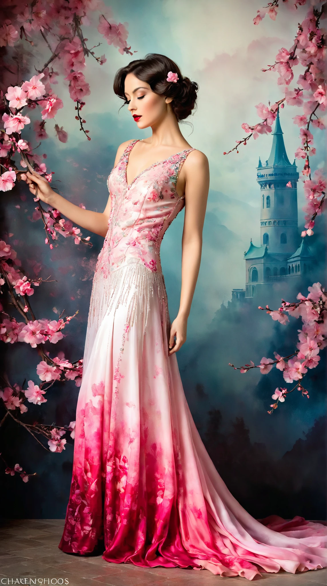 In a whimsical floral backdrop, a graceful European woman full body elegant shot from the 1920s stands in elegant poise, embodying a dreamlike essence. Her delicate features glow softly, illuminated by the ethereal light filtering through lush, pastel blossoms. Dark waves of hair cascade gently around her shoulders, framing her serene expression.

She wears a flowing gown of bright magical pink radiants one of a kind silk that billows delicately, enhancing her tranquil presence. Her striking red lips provide a vivid contrast, infusing life into the soft, monochromatic hues of the scene.

The artwork is reminiscent of an enchanting ink painting, where fluid brush strokes and intricate line work convey a sense of nostalgia and magic. Soft shades of ink merge seamlessly, while the background bursts with an array of pastel flowers, evoking a breathtaking, dreamlike atmosphere. This composition radiates tranquility and romance, inviting viewers into a timeless moment that feels both captivating and ephemeral.