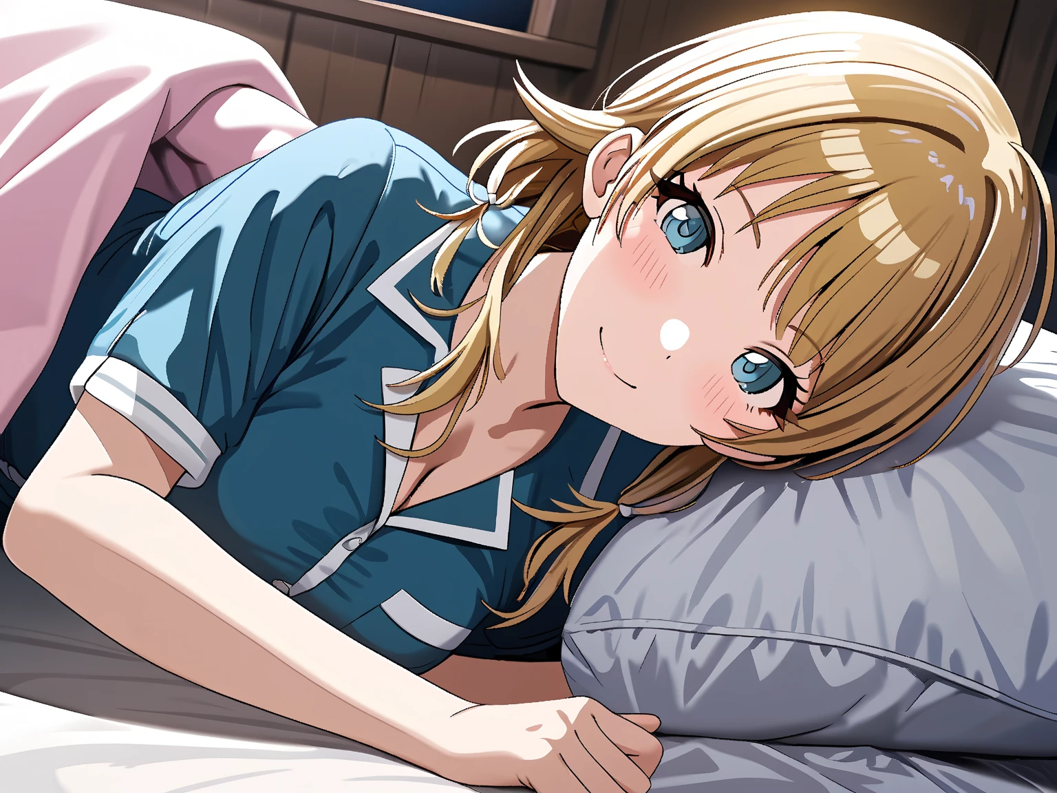 (masterpiece), (Highest quality), (Very detailed), (The best shape), (Best Shadow), (Absurd), (Detailed Background), (so beautiful), Shiny, Beautiful eyes in every detail, Extraordinary, Countershading, 8k, 32K, High resolution, Very Detailed CG,

Hachimiya Meguru, blonde hair, long hair, (blue eyes:1.2),
the idolmaster shiny colors,
anime style,
realistic skin,

(blush:1.2),
smile,
bedroom,
pajamas ,
pov across bed,
bed invitation,  lifting covers,
(pich-Dark Room:1.2),
late night,