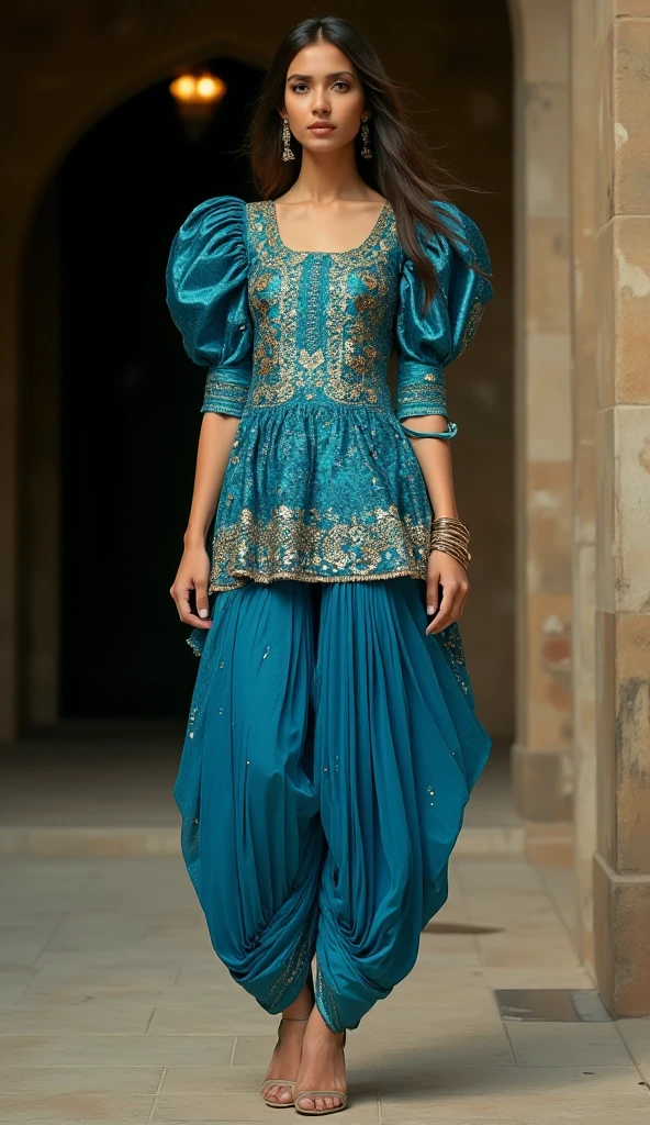 a tall and striking woman exudes confidence and charm with a flirtatious expression. she is adorned in a stunning punjabi style slimfit outfit featuring a azure blue lame fabric and gold sequins work with round neck short kurti paired with a matching dhoti style shalwar.the short kurti showcases exaggerated puffy shoulders,adding a dramatic flair to her look, and the slimfit 3/4 sleeves offer an elegant touch. her ensemble is completed with high heels, which accentuate her poised stance. the overall effect is both sophisticated and alluring, perfectly capturing her graceful and bold presence.