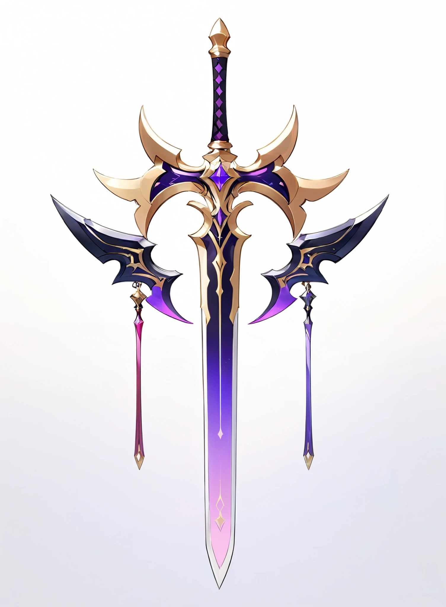 (masterpiece, best quality:1.5) Arcana weapons , white background , there are no humans, Weapon Design, One-handed sword, sharp lines, Head on, cute style, Pretty Design , Pink, purple