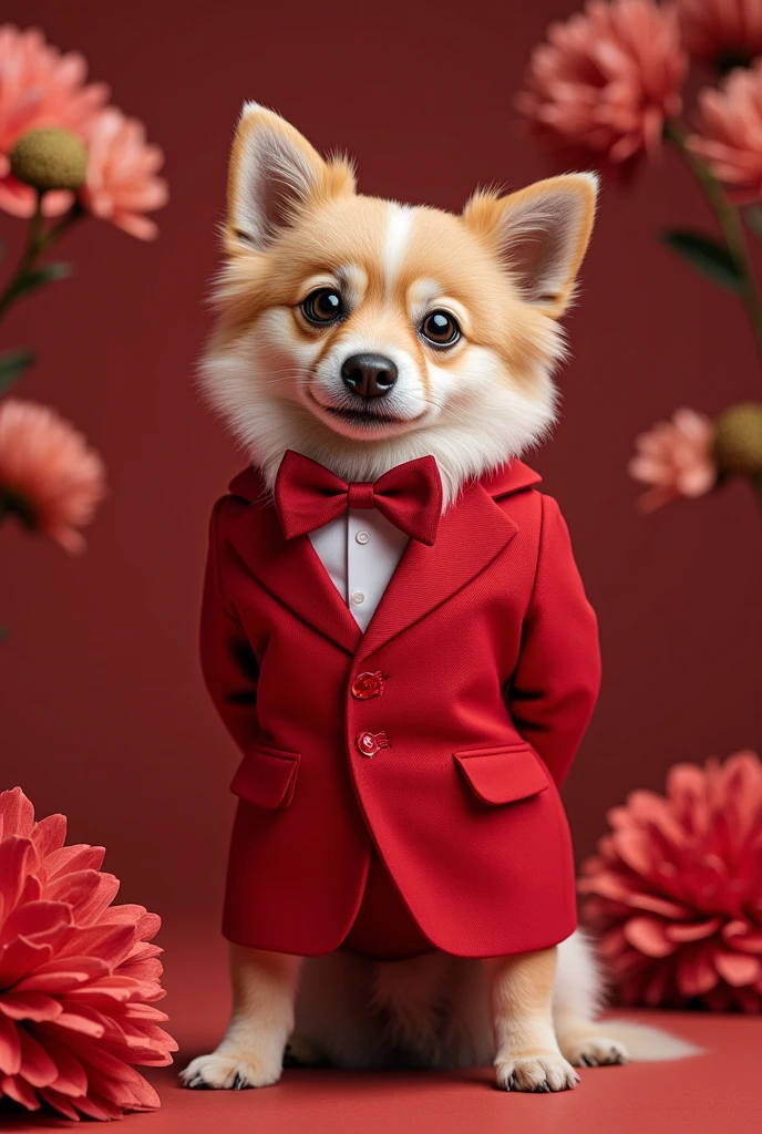 A cute puppy wearing a formal color suit for the New Year becomes a model、  stylish、   intricate details 、    high res 、 Taste of 3D   、 rendering、Extremely complex colors   、 bright professional lighting、masterpiece、  simple background、Ceremony flower background 