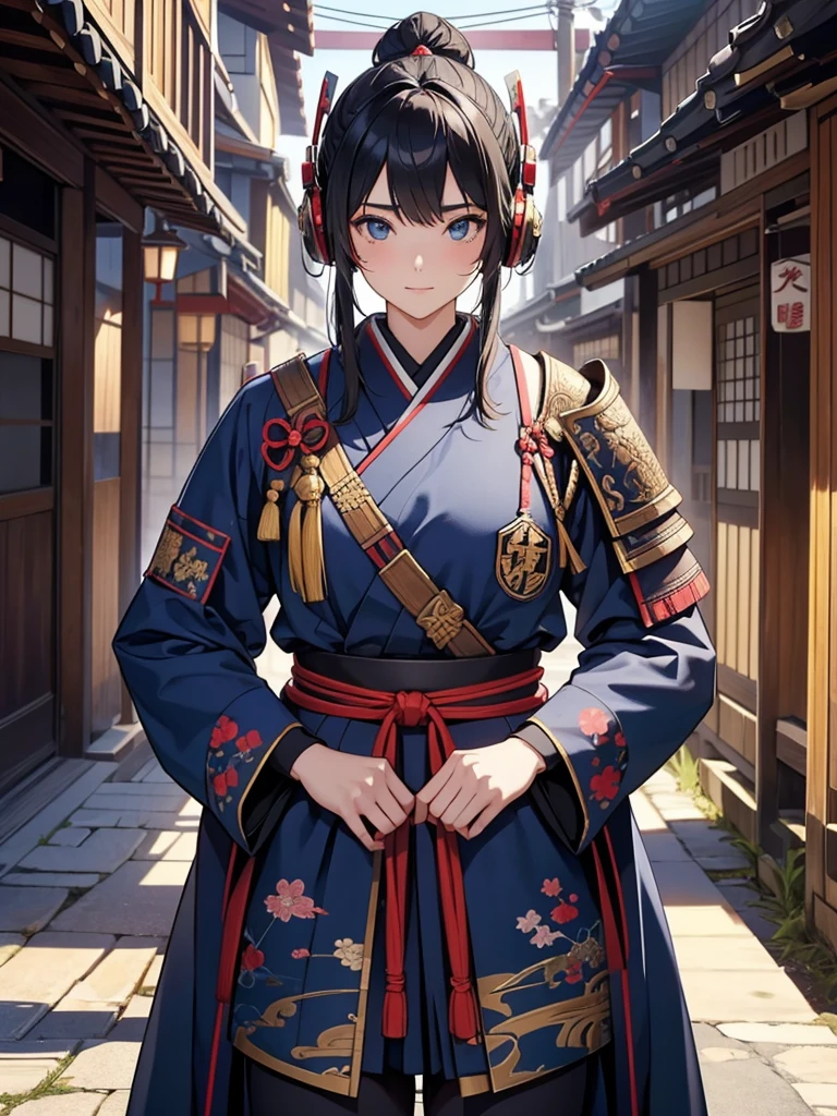  masterpieces at the front door of the house、（ west shots in an Edo period town in Japan:1.3）、 Anime Beautiful Girl、（Age 19）、（Futuristic design earmuffs with perfect Anatomy :1.4）、（6.5 heads）、smile、Military commander、（ Japanese Armor :1.3）、（ Japanese armor）、（姫Military commander:1.2）、Breastplate、胴鎧、Composition of 