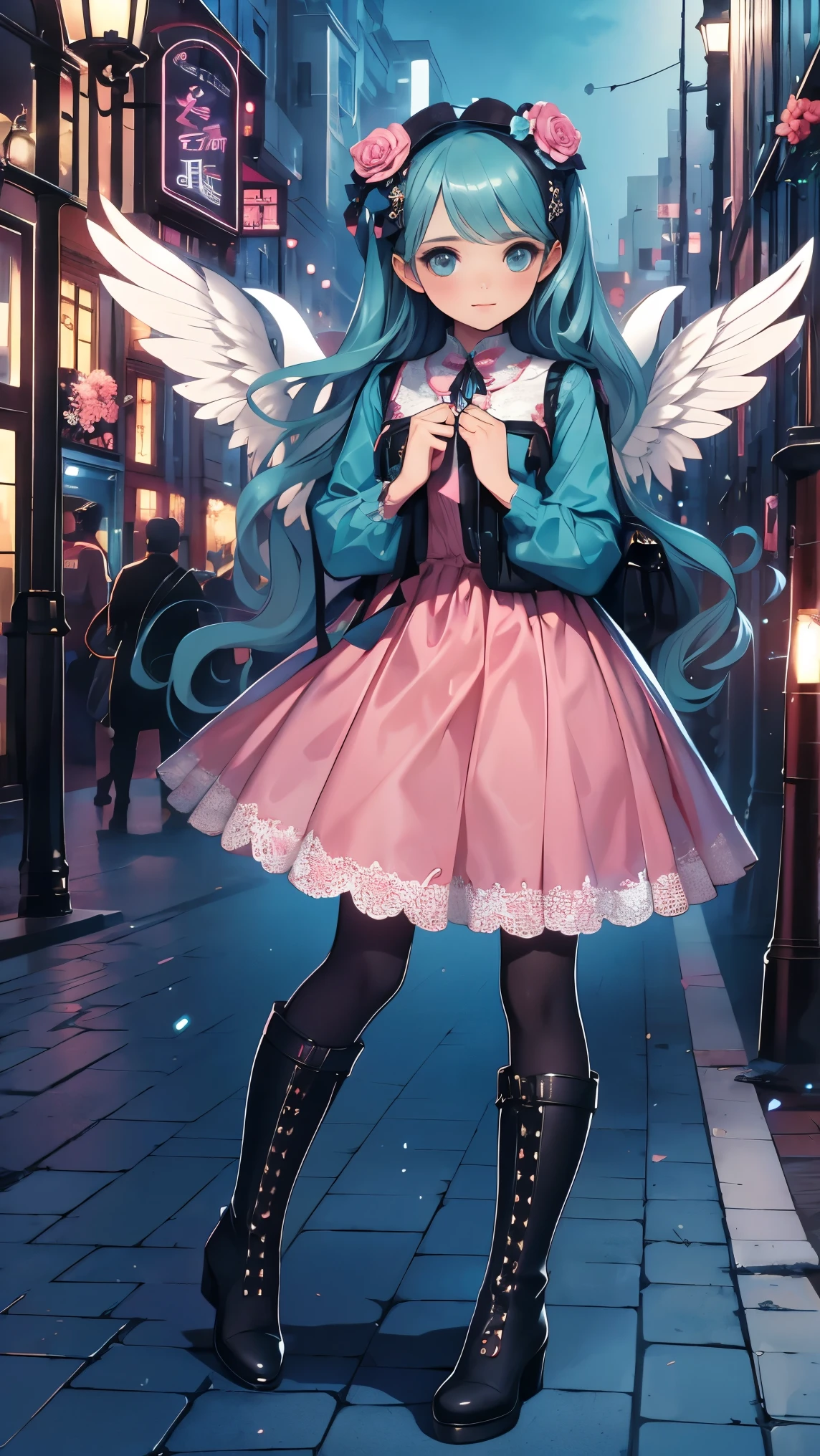 ( masterpiece : 1.2), ( very detailed: 1.2), ( very detailed CG: 1.2), ( high image quality: 1.2), (最 high image quality), 8k, animated illustration , 、 beautiful girl 、very cute angel、 pink gothic dress 、 cute、、smile、 long skirt、 Black Long Boots 、 grey pink pants ,Turquoise Eye, cute female ,street, Candy Store , sign,European Buildings,Slate pavement,Rose flower,