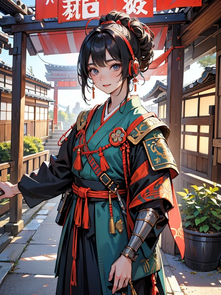  masterpieces at the front door of the house、（ west shots in an Edo period town in Japan:1.3）、 Anime Beautiful Girl、（Age 19）、（Futuristic design earmuffs with perfect Anatomy :1.4）、（6.5 heads）、smile、Military commander、（ Japanese Armor :1.3）、（ Japanese armor）、（姫Military commander:1.2）、Breastplate、胴鎧、Composition of 