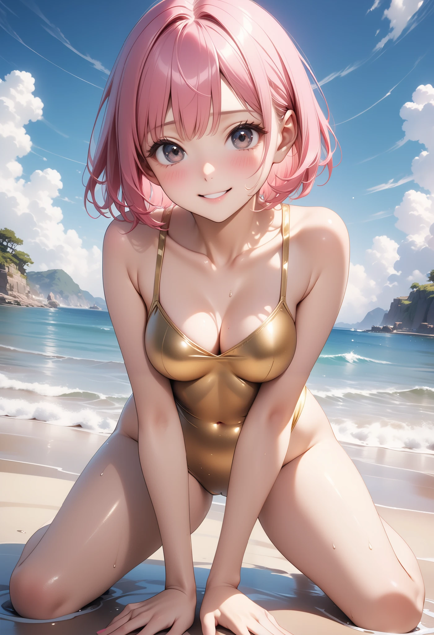 slender,Small breasts,Teenage,smile,Naked,Band Aid nipple,NSFW,Short Hair,Young Girl,Coastal sand beach,A naughty girl,Boyish Girl,There was a crowd around,Squatting face down and spreading your legs wide,peace sign,Highest quality