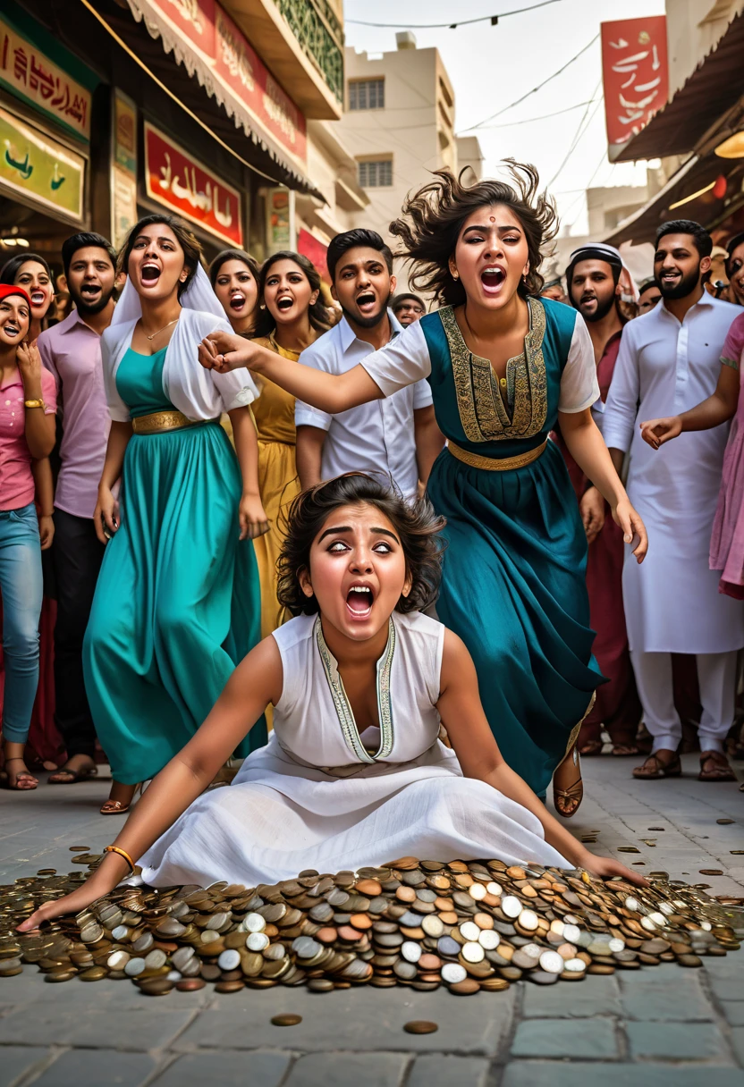 a high quality cartoon illusion of two (American) beautiful big puffy girls punching a boy in the face at the (UAE) market, lifting abyasa dress, the boy laying down on the floor, crowd of girls harassing the boy cheering and tossing coins and money, waving money, one naughty girl ripping off his shirt. street photography, vibrant colors, chaotic scene, outdoor, multiple people, dramatic lighting, action shot, motion blur, dynamic poses, cultural diversity, real emotions, urban setting, candid moment, intense expression, traditional clothing, social commentary.