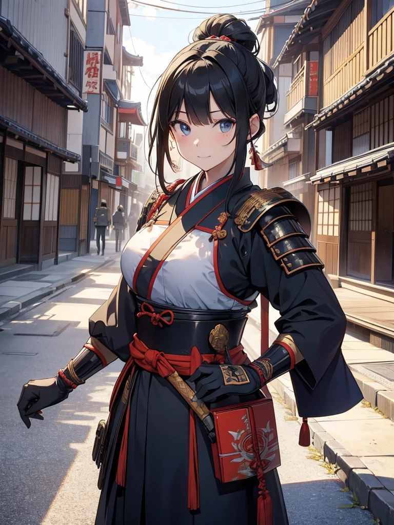  masterpieces at the front door of the house、（ west shots in an Edo period town in Japan:1.3）、 Anime Beautiful Girl、（Age 19）、（Futuristic design earmuffs with perfect Anatomy :1.4）、（6.5 heads）、smile、Military commander、（ Japanese Armor :1.3）、（ Japanese armor）、（姫Military commander:1.2）、Breastplate、胴鎧、Composition of 