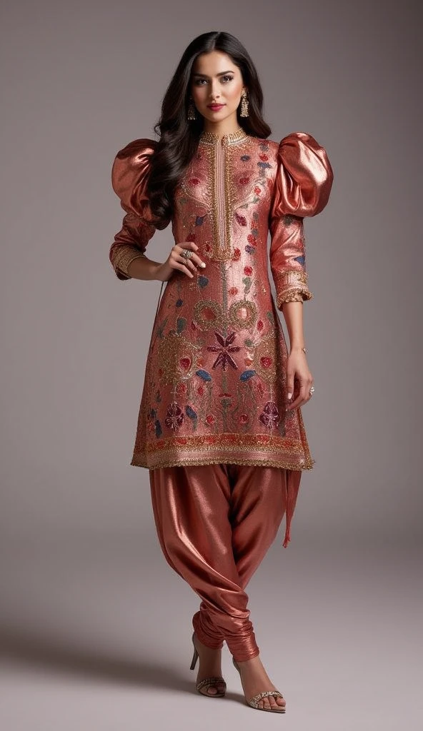 a tall and striking woman exudes confidence and charm with a flirtatious expression. she is adorned in a stunning punjabi style slimfit outfit featuring a copper coin lame fabric and multicolor sequins work floral design with high neck kurti paired with a matching dhoti style shalwar.the kurti showcases exaggerated puffy shoulders,adding a dramatic flair to her look, and the slimfit 3/4 sleeves offer an elegant touch. her ensemble is completed with high heels, which accentuate her poised stance. the overall effect is both sophisticated and alluring, perfectly capturing her graceful and bold presence.