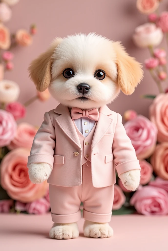  A cute puppy in a formal pastel suit for the New Year becomes a model、 For You 、 stylish、   intricate details 、    high res 、 Taste of 3D   、 rendering、Extremely complex colors   、 bright professional lighting、masterpiece、  simple background、Ceremony flower background 