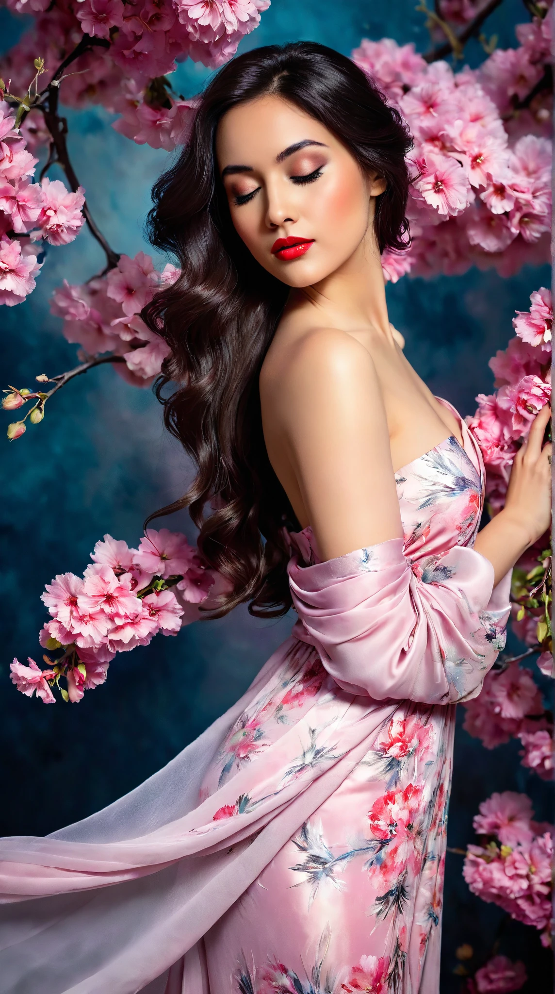 In a whimsical floral backdrop, a graceful European woman full body elegant shot from the 1920s stands in elegant poise, embodying a dreamlike essence. Her delicate features glow softly, illuminated by the ethereal light filtering through lush, pastel blossoms. Dark waves of hair cascade gently around her shoulders, framing her serene expression.

She wears a flowing gown of bright magical pink radiants one of a kind silk that billows delicately, enhancing her tranquil presence. Her striking red lips provide a vivid contrast, infusing life into the soft, monochromatic hues of the scene.

The artwork is reminiscent of an enchanting ink painting, where fluid brush strokes and intricate line work convey a sense of nostalgia and magic. Soft shades of ink merge seamlessly, while the background bursts with an array of pastel flowers, evoking a breathtaking, dreamlike atmosphere. This composition radiates tranquility and romance, inviting viewers into a timeless moment that feels both captivating and ephemeral.