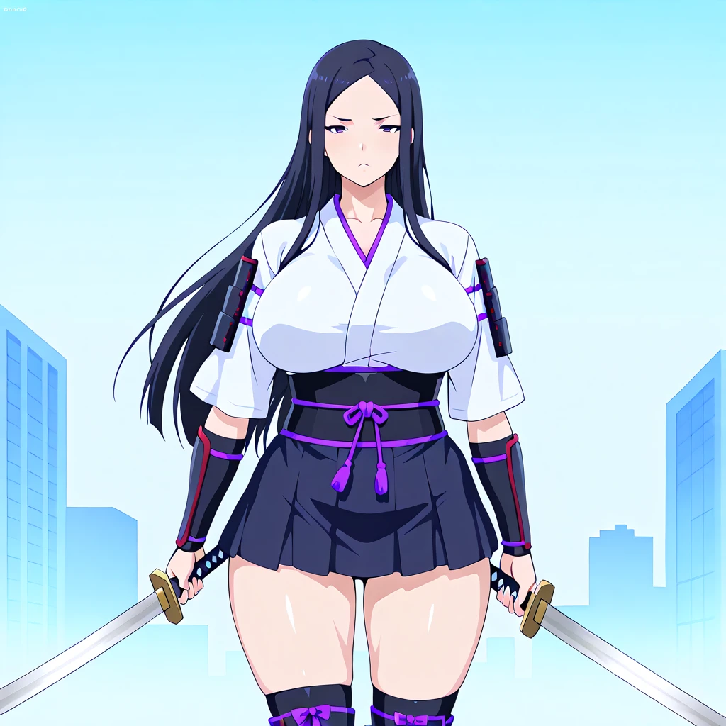 score_9, score_8_up, score_7_up,(hi-quality,high resolution),Black hair, straight long, [[parted in the middle]], forehead,(japanese armor,chest),white kimono, black miniskirt,knee socks, big breasts, dark eyes, slanted eyes, (curvy body),holding a sword, in battle,((cowboy shot))SimplePositiveXLv2.Ninja,Destruction,God of military arts,,Buttocks,,View from behind,,View from diagonally below,,