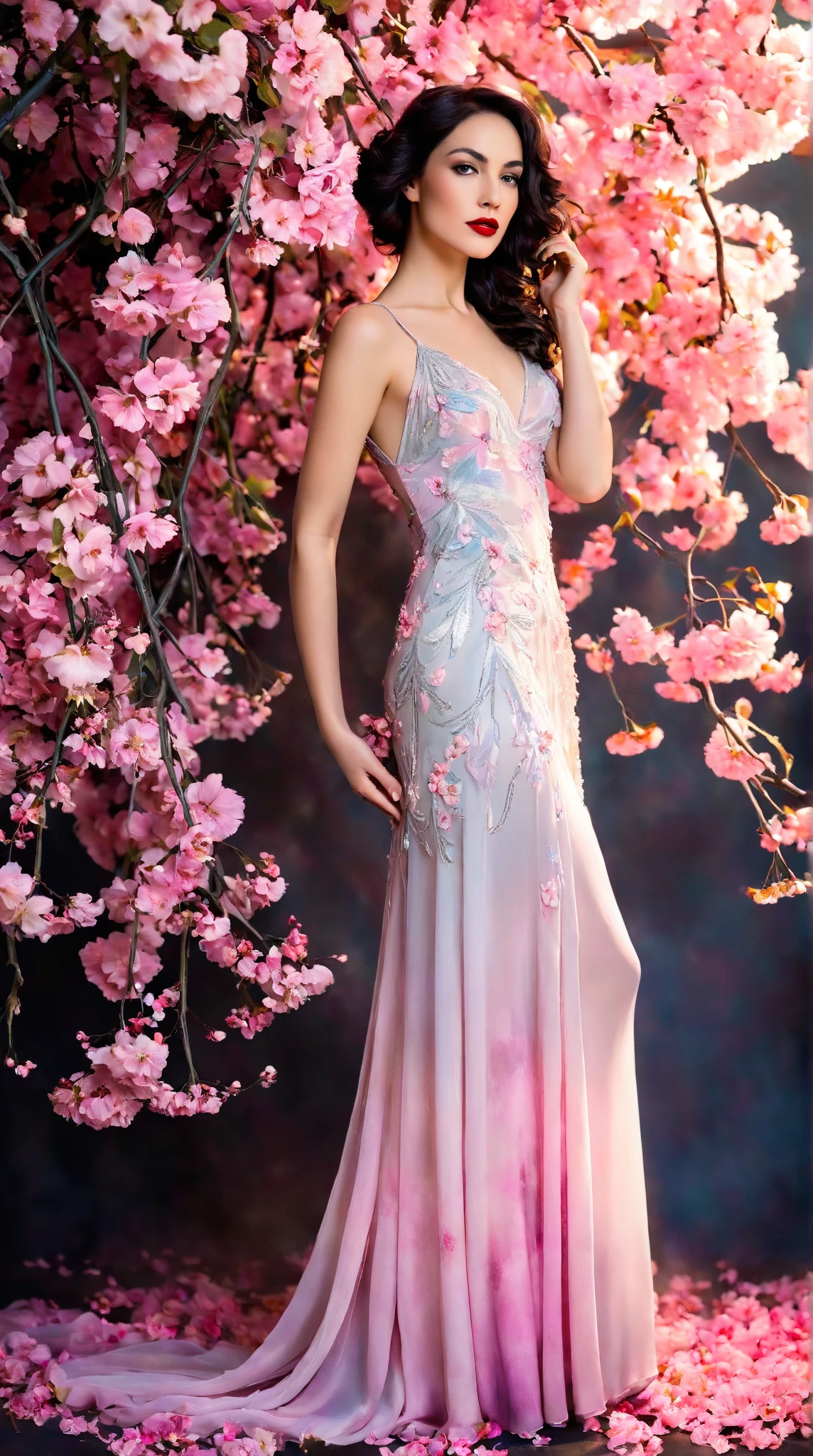 In a whimsical floral backdrop, a graceful European woman full body elegant shot from the 1920s stands in elegant poise, embodying a dreamlike essence. Her delicate features glow softly, illuminated by the ethereal light filtering through lush, pastel blossoms. Dark waves of hair cascade gently around her shoulders, framing her serene expression.

She wears a flowing gown of bright magical pink radiants one of a kind silk that billows delicately, enhancing her tranquil presence. Her striking red lips provide a vivid contrast, infusing life into the soft, monochromatic hues of the scene.

The artwork is reminiscent of an enchanting ink painting, where fluid brush strokes and intricate line work convey a sense of nostalgia and magic. Soft shades of ink merge seamlessly, while the background bursts with an array of pastel flowers, evoking a breathtaking, dreamlike atmosphere. This composition radiates tranquility and romance, inviting viewers into a timeless moment that feels both captivating and ephemeral.