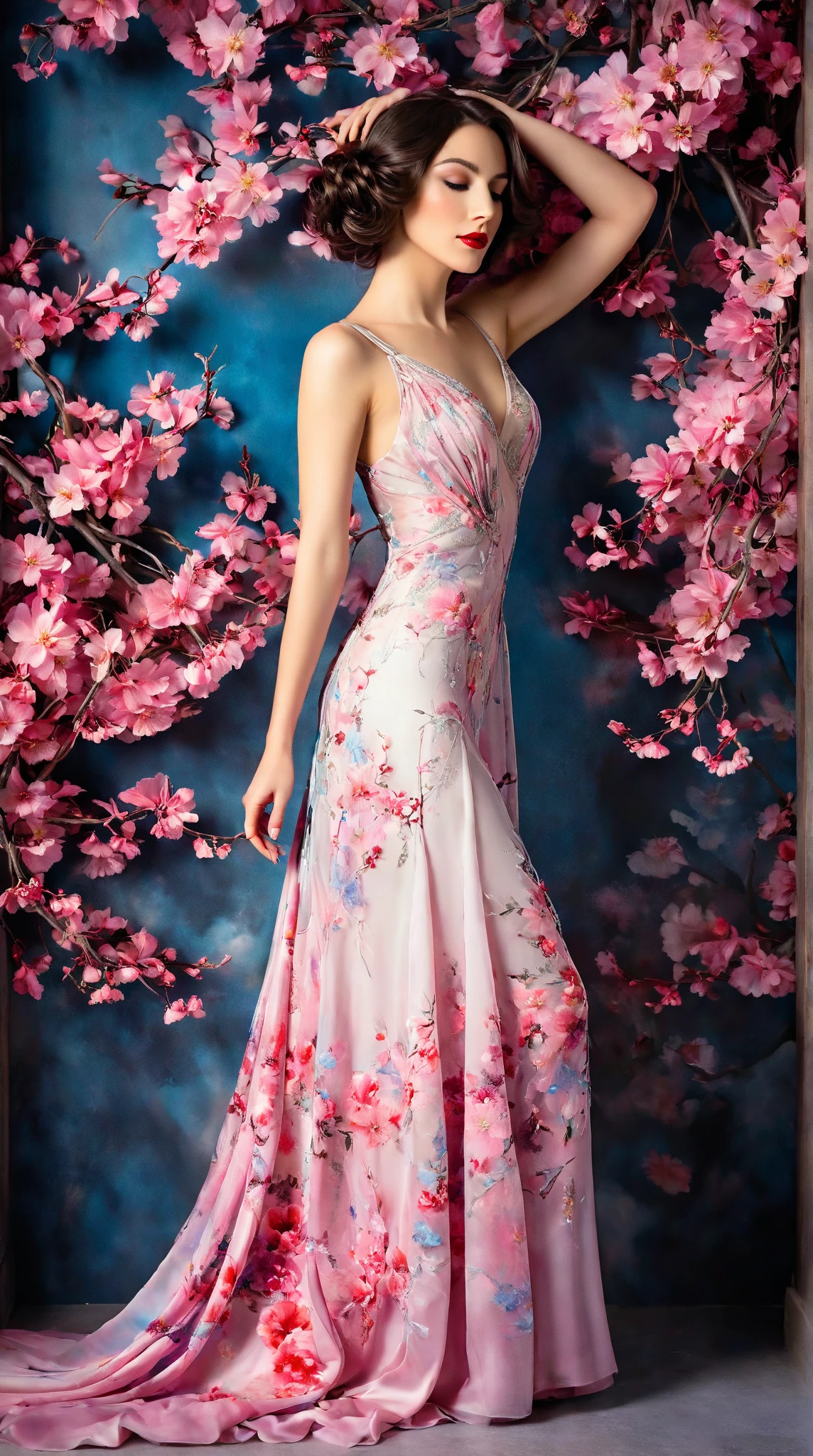 In a whimsical floral backdrop, a graceful European woman full body elegant shot from the 1920s stands in elegant poise, embodying a dreamlike essence. Her delicate features glow softly, illuminated by the ethereal light filtering through lush, pastel blossoms. Dark waves of hair cascade gently around her shoulders, framing her serene expression.

She wears a flowing gown of bright magical pink radiants one of a kind silk that billows delicately, enhancing her tranquil presence. Her striking red lips provide a vivid contrast, infusing life into the soft, monochromatic hues of the scene.

The artwork is reminiscent of an enchanting ink painting, where fluid brush strokes and intricate line work convey a sense of nostalgia and magic. Soft shades of ink merge seamlessly, while the background bursts with an array of pastel flowers, evoking a breathtaking, dreamlike atmosphere. This composition radiates tranquility and romance, inviting viewers into a timeless moment that feels both captivating and ephemeral.