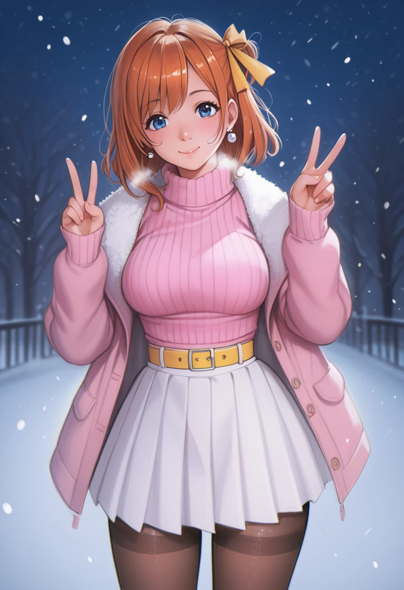 score_9, score_8_up, score_7_up, score_6_up,Shiny skin, kousaka honoka, blue eyes, beautiful, winter clothes, breathing, dark Orange hair, night, snowing, cowboy shot,pink shirt,white open crop vest, v, earrings, white skirt, yellow belt, happy,hair ribbon,p4l0m4, breasts,thighs,web comic,hentai, thighs, closed mouth, pantyhose, looking at viewer