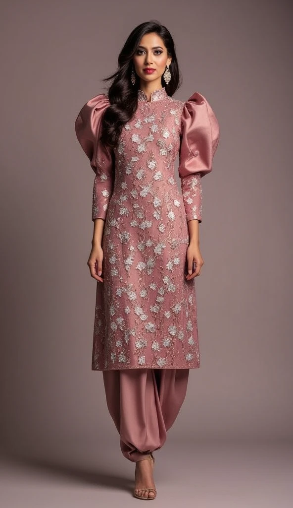 a tall and striking woman exudes confidence and charm with a flirtatious expression. she is adorned in a stunning punjabi style slimfit outfit featuring a mauve lame fabric and multicolor sequins work floral design with high neck kurti paired with a matching dhoti style shalwar.the kurti showcases exaggerated puffy shoulders,adding a dramatic flair to her look, and the slimfit 3/4 sleeves offer an elegant touch. her ensemble is completed with high heels, which accentuate her poised stance. the overall effect is both sophisticated and alluring, perfectly capturing her graceful and bold presence.