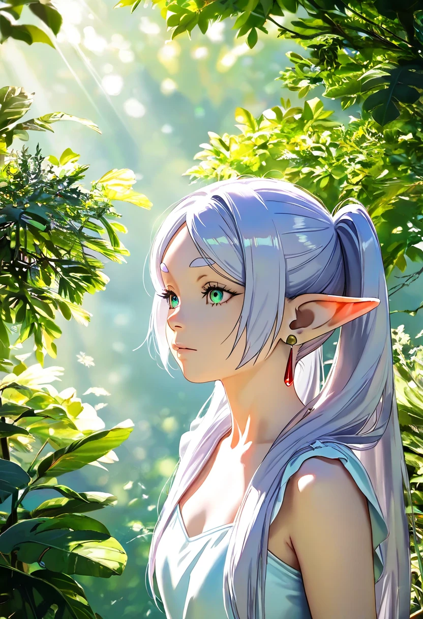 Frieren, (Race: Elf, Long pointed ears), detailed face, piercing eyes, elegant flowing dress, sunlight filtering through the trees, lush greenery, photorealistic, cinematic lighting, dramatic colors, fantasy, highly detailed, intricate background, away from the camera, anatomically correct