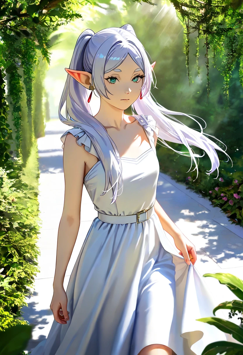 Frieren, (Race: Elf, Long pointed ears), detailed face, piercing eyes, elegant flowing dress, sunlight filtering through the trees, lush greenery, photorealistic, cinematic lighting, dramatic colors, fantasy, highly detailed, intricate background, away from the camera, anatomically correct