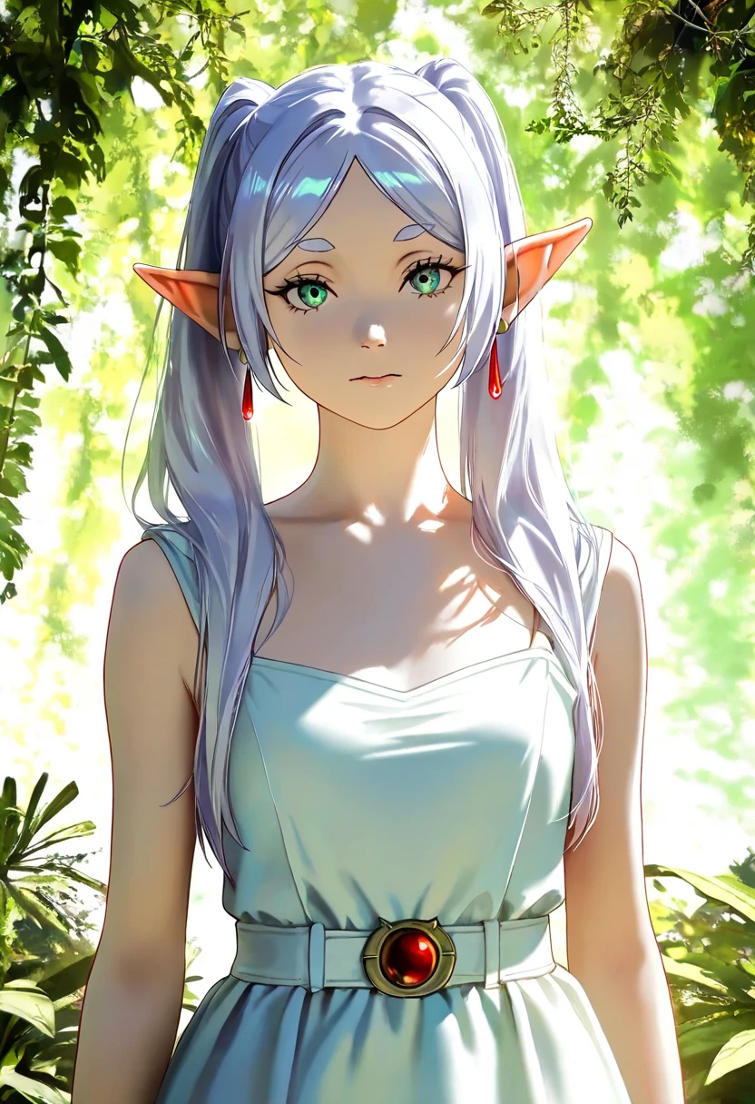 Frieren, (Race: Elf, Long pointed ears), detailed face, piercing eyes, elegant flowing dress, sunlight filtering through the trees, lush greenery, photorealistic, cinematic lighting, dramatic colors, fantasy, highly detailed, intricate background, away from the camera, anatomically correct